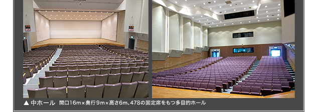 中ホール：間口16m×奥行9m×高さ6m、478の固定席をもつ多目的ホール。